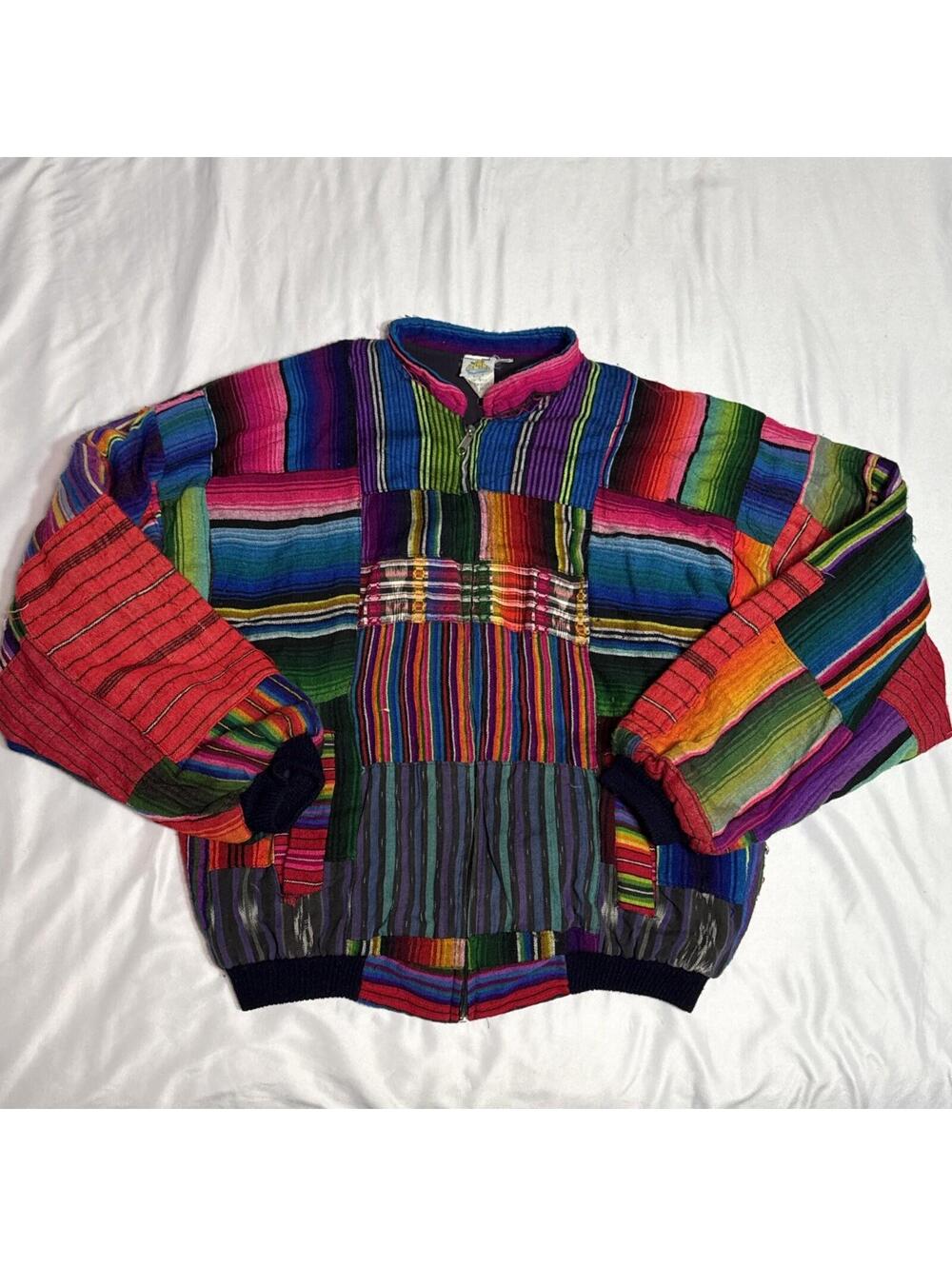 guatemalan Hand Loomed Jacket Multicolor Patch Work Hippie 1990’s ISLAND Sz L